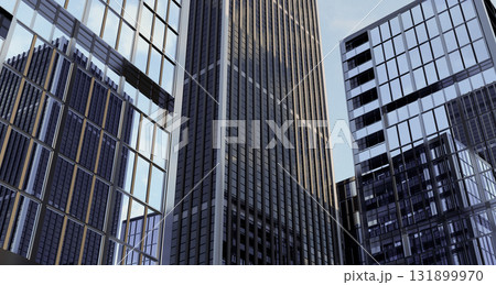 Corporate Architecture Background with low angle view of modern glass skyscrapers, looking up at tall office buildings in financial district for business success Corporate Architecture Background with low angle view of modern glass skyscrapers, looking up at tall office buildings in financial district for business success 131899970