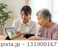 タブレットを使ってコミュニケーションを取る高齢者と介護スタッフ 131900167