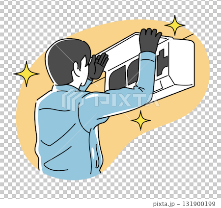 エアコンを綺麗にしている男性作業員 131900199