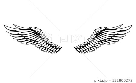 Wings sketch. Stylized birds wings. Hand drawn contoured stiker wing in open position. Vector design elements in coloring style 131900272