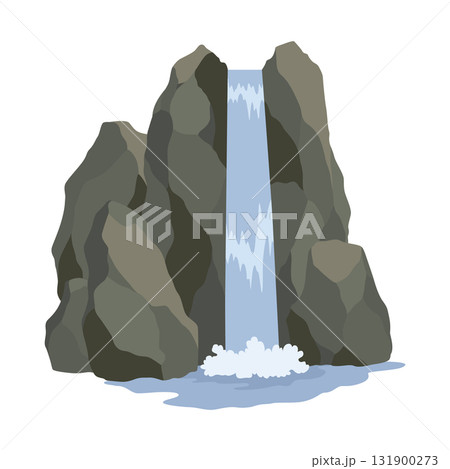 Cartoon river waterfall. Landscape with mountains and trees. Design element for travel brochure or illustration mobile game. Fresh natural water 131900273