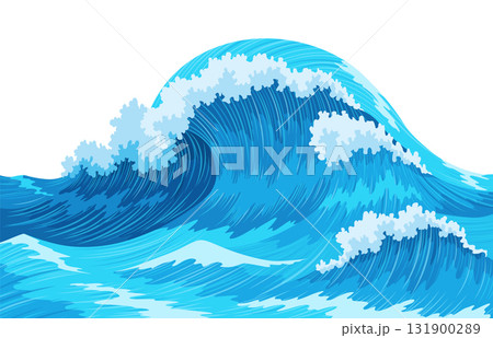 Ocean waves, splash water, marine sea storm element. Blue sea or ocean wave with spray, foam on crest. Vector illustration Ocean waves, splash water, marine sea storm element. Blue sea or ocean wave with spray, foam on crest. Vector illustration 131900289