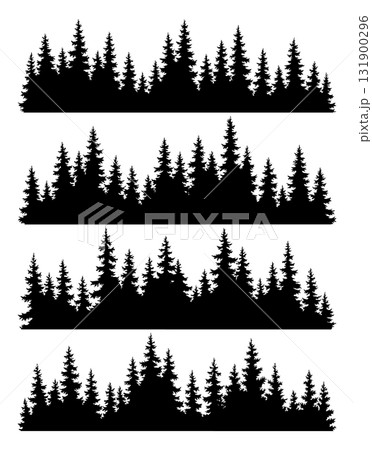Set of fir trees silhouettes. Coniferous spruce horizontal background patterns, black evergreen woods vector illustration. Beautiful hand drawn panoramas of coniferous forest 131900296