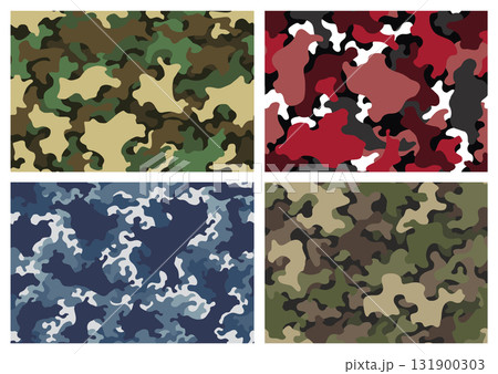 Camouflage texture seamless patterns set. Abstract modern camo backgrounds for fabric and fashion textile print. Woodland style. Textures of classic clothing in masking style 131900303