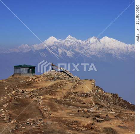 Ganesh Himal mountain range seen from Laurebina, Nepal. Fogy spring day in the Himalayas. 131900504