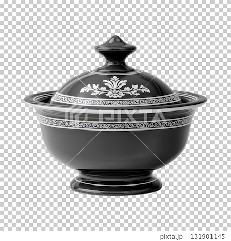 Elegant Black Ceramic Bowl with Lid Featuring Ornate White Floral Pattern Designed for Serving and Displaying Food 131901145