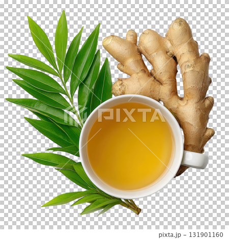 Fresh Ginger Tea with Green Leaves in a White Cup Perfect for Wellness and Comfort 131901160