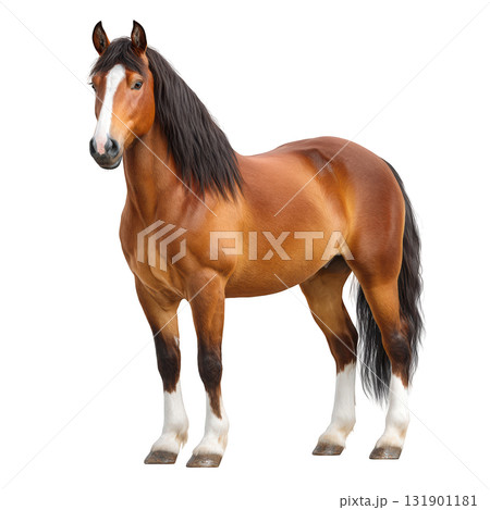 Majestic brown horse standing elegantly with flowing mane and striking features in a natural pose against a white background Majestic brown horse standing elegantly with flowing mane and striking features in a natural pose against a white background 131901181