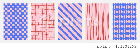 Playful seamless backgrounds with abstract geometric and hand-drawn patterns in pink and blue. Modern whimsical textures with stripes, diamonds, grids, and wavy lines. Flat vector illustration. Playful seamless backgrounds with abstract geometric and hand-drawn patterns in pink and blue. Modern whimsical textures with stripes, diamonds, grids, and wavy lines. Flat vector illustration. 131901255