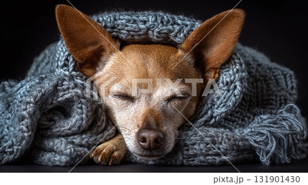 Snug little dog sleeping soundly, wrapped up in a cozy, gray knit blanket for comfort and warmth. Snug little dog sleeping soundly, wrapped up in a cozy, gray knit blanket for comfort and warmth. 131901430