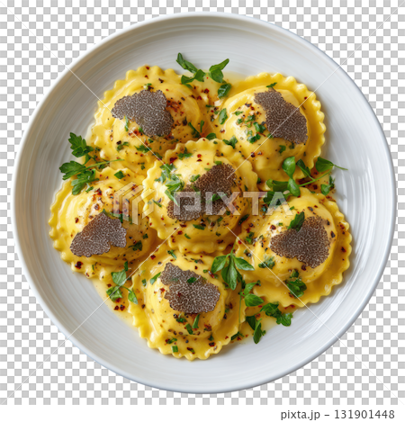 Handmade Ravioli Filled with Truffle Infused Ricotta and Served in Porcini Butter Sauce Garnished with Fresh Herbs Handmade Ravioli Filled with Truffle Infused Ricotta and Served in Porcini Butter Sauce Garnished with Fresh Herbs 131901448