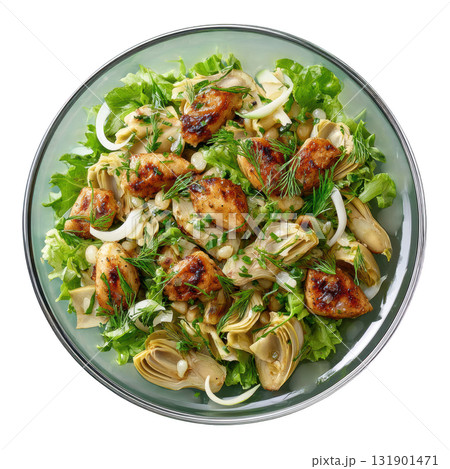 Fresh Salad with Marinated Artichoke Hearts, Frisee Lettuce, Shaved Fennel, Citrus Segments, and Vinaigrette Pearls Fresh Salad with Marinated Artichoke Hearts, Frisee Lettuce, Shaved Fennel, Citrus Segments, and Vinaigrette Pearls 131901471