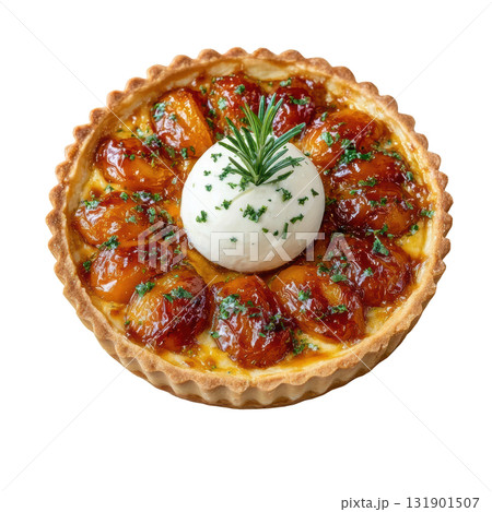 Roasted Apricot and Rosemary Tart on Crisp Pastry Base with Mascarpone Quenelle and Fresh Rosemary Sprig 131901507
