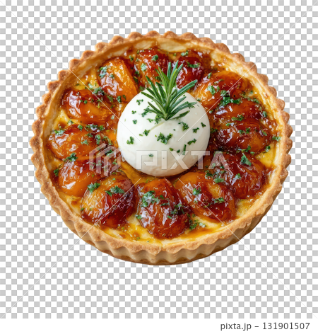 Roasted Apricot and Rosemary Tart on Crisp Pastry Base with Mascarpone Quenelle and Fresh Rosemary Sprig 131901507