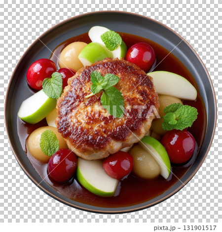 Crispy Veal Sweetbread with Golden Texture on Smoked Chestnut Puree and Glazed Baby Apples 131901517