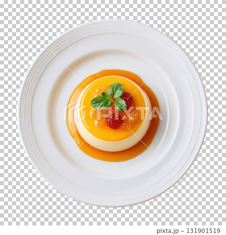 Shimmering Layered Citrus Jelly with Honey Cream, Candied Clementine Zest, and Fresh Basil Garnish 131901519