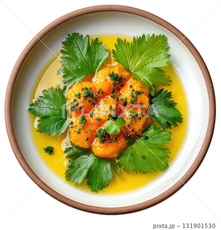 Exquisite Sea Urchin Tartare with Yuzu Kosho, Compressed Pear, and Edible Nasturtium Leaves in Elegant Shell Exquisite Sea Urchin Tartare with Yuzu Kosho, Compressed Pear, and Edible Nasturtium Leaves in Elegant Shell 131901530