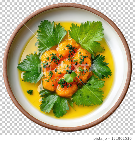 Exquisite Sea Urchin Tartare with Yuzu Kosho, Compressed Pear, and Edible Nasturtium Leaves in Elegant Shell Exquisite Sea Urchin Tartare with Yuzu Kosho, Compressed Pear, and Edible Nasturtium Leaves in Elegant Shell 131901530