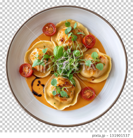 Gourmet Handmade Lobster Ravioli with Light Bisque Sauce, Cherry Tomatoes, Micro Basil and Tarragon Foam Gourmet Handmade Lobster Ravioli with Light Bisque Sauce, Cherry Tomatoes, Micro Basil and Tarragon Foam 131901537