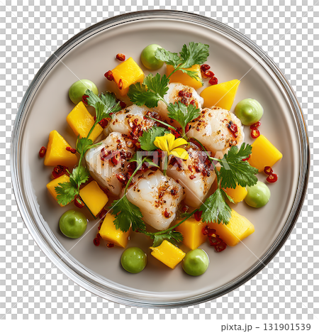 Fresh Halibut Ceviche with Avocado Puree, Mango, Cilantro, and Chili Flakes on Elegant Plate Presentation 131901539