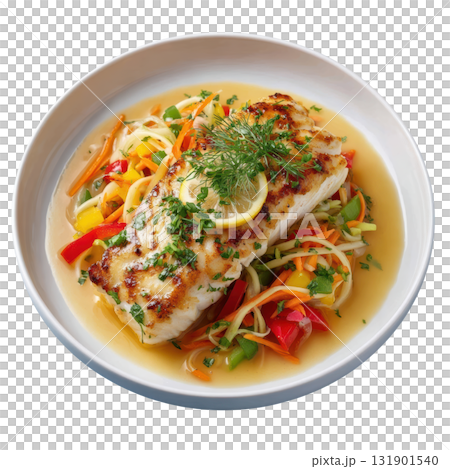 Steamed Halibut Fillet with Julienned Vegetables and White Wine Broth Garnished with Lemon Slice and Fresh Herbs Steamed Halibut Fillet with Julienned Vegetables and White Wine Broth Garnished with Lemon Slice and Fresh Herbs 131901540