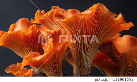 Striking close-up of bright orange mushrooms showcases intricate gills and textures. The photo captures the beauty of fungi in vivid detail. Striking close-up of bright orange mushrooms showcases intricate gills and textures. The photo captures the beauty of fungi in vivid detail. 131901558