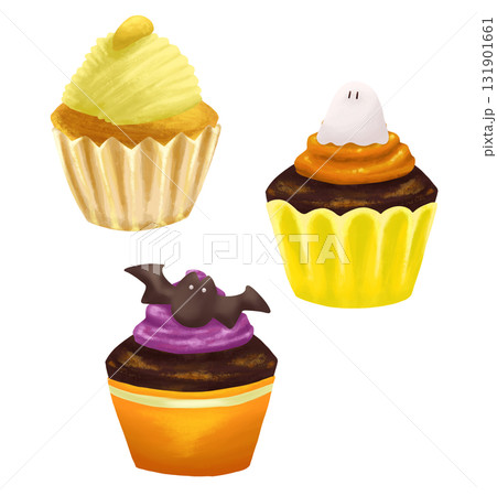 カラフルなハロウィンカップケーキのイラストセット 131901661