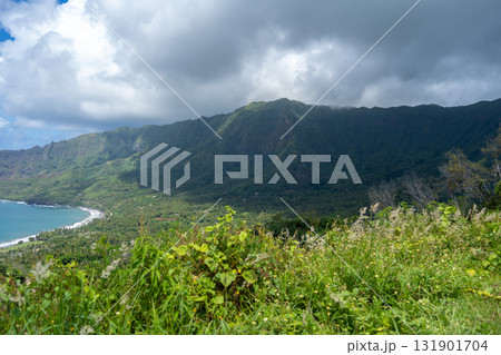 Coastal cliffs and turquoise bay near Puamau, Hiva Oa, Marquesas Islands, French Polynesia 131901704