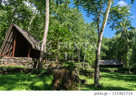 Thatched-roof building at Kamuihei archaeological site, Nuku Hiva, Marquesas Islands. French Polynesia Thatched-roof building at Kamuihei archaeological site, Nuku Hiva, Marquesas Islands. French Polynesia 131901714
