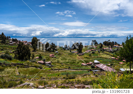 Houses and cultivated fields on Taquile Island, Lake Titicaca, Peru Houses and cultivated fields on Taquile Island, Lake Titicaca, Peru 131901728