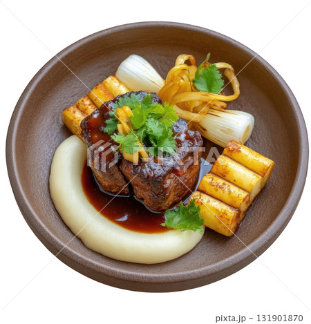Tender Braised Veal Cheek with Madeira Glaze and Smoked Celery Root Mash on Rustic Plate 131901870