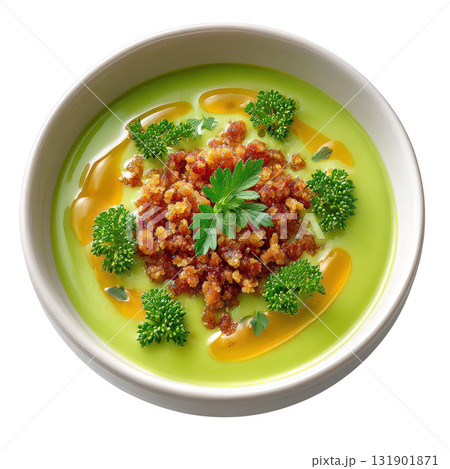 Vibrant Green Broccoli Soup with Stilton Crumble and Crisp Florets in a Bowl Vibrant Green Broccoli Soup with Stilton Crumble and Crisp Florets in a Bowl 131901871