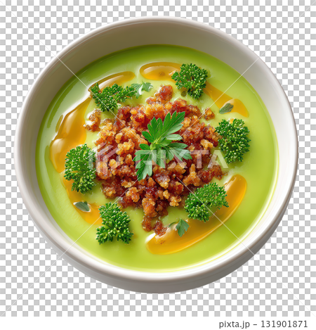 Vibrant Green Broccoli Soup with Stilton Crumble and Crisp Florets in a Bowl Vibrant Green Broccoli Soup with Stilton Crumble and Crisp Florets in a Bowl 131901871