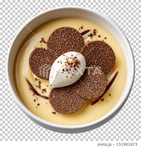 Creamy Cauliflower Truffle Veloute Soup with Florets and Crisps in Elegant Shallow Bowl Presentation Creamy Cauliflower Truffle Veloute Soup with Florets and Crisps in Elegant Shallow Bowl Presentation 131901873