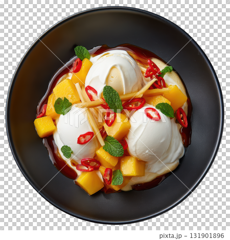 Vibrant Orange Mango Sorbet Scoop Garnished with Mango Cubes, Passion Fruit Stick, Chili Honey Drizzle Vibrant Orange Mango Sorbet Scoop Garnished with Mango Cubes, Passion Fruit Stick, Chili Honey Drizzle 131901896