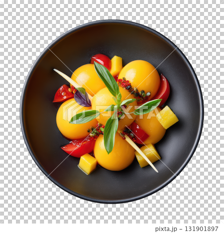 Vibrant Orange Mango Sorbet Garnished with Mango Cubes and Passion Fruit Meringue Drizzled with Chili Honey 131901897