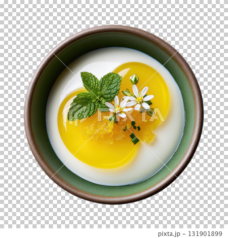 Delicate Meyer Lemon Gelee Layered Over Creamy Ricotta Cream with Candied Zest and Fresh Mint Garnish 131901899