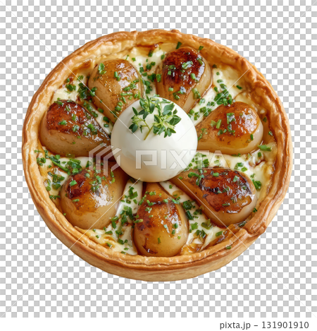 Roasted Pear Tart with Thyme Glaze on Crisp Pastry Base and Topped with Creamy Quenelle 131901910