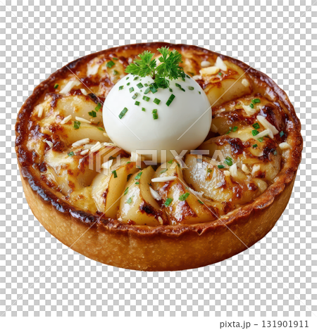 Roasted Pear and Thyme Tart on Crisp Pastry Base with Creme Fraiche Garnish 131901911