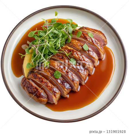 Tender Braised Duck Thigh with Rich Plum Sake Jus and Smoked Daikon Puree Garnished with Fresh Microgreens Tender Braised Duck Thigh with Rich Plum Sake Jus and Smoked Daikon Puree Garnished with Fresh Microgreens 131901928