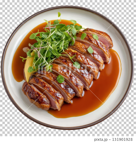 Tender Braised Duck Thigh with Rich Plum Sake Jus and Smoked Daikon Puree Garnished with Fresh Microgreens Tender Braised Duck Thigh with Rich Plum Sake Jus and Smoked Daikon Puree Garnished with Fresh Microgreens 131901928