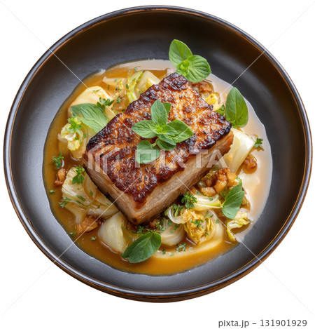 Slow Cooked Pork Belly with Crispy Crackling Served with Cider Sage Jus and Smoked Apple Puree Slow Cooked Pork Belly with Crispy Crackling Served with Cider Sage Jus and Smoked Apple Puree 131901929