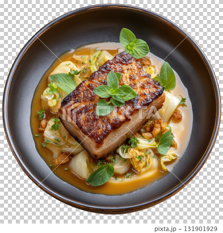 Slow Cooked Pork Belly with Crispy Crackling Served with Cider Sage Jus and Smoked Apple Puree Slow Cooked Pork Belly with Crispy Crackling Served with Cider Sage Jus and Smoked Apple Puree 131901929