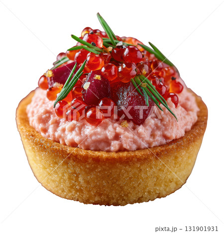 Elegant Smoked Salmon Tartlet with Dill and Pickled Onion Garnish on Crisp Cracker for Gourmet Presentation 131901931