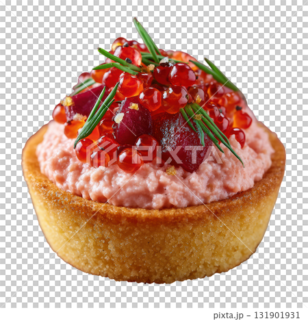 Elegant Smoked Salmon Tartlet with Dill and Pickled Onion Garnish on Crisp Cracker for Gourmet Presentation 131901931