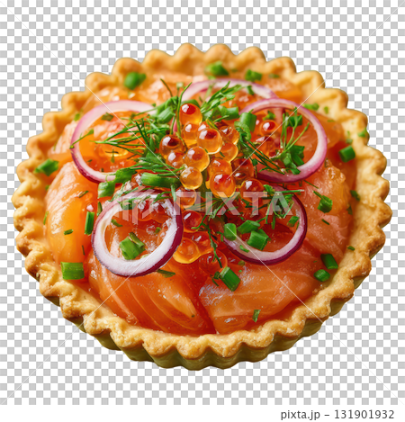 Delicious Smoked Salmon Tartlet with Creamy Mousse and Fresh Dill Garnish on a Crispy Cracker Base 131901932