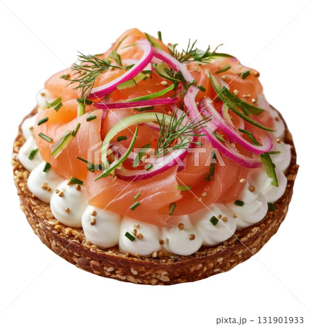 Elegant Smoked Salmon Tartlet with Cream Mousse, Dill, and Pickled Red Onion on a Crisp Cracker Base 131901933
