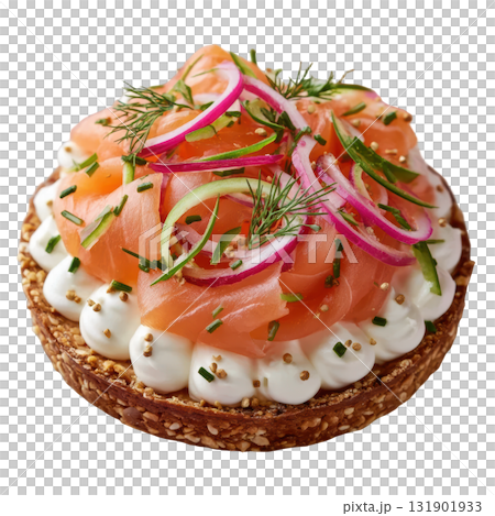 Elegant Smoked Salmon Tartlet with Cream Mousse, Dill, and Pickled Red Onion on a Crisp Cracker Base Elegant Smoked Salmon Tartlet with Cream Mousse, Dill, and Pickled Red Onion on a Crisp Cracker Base 131901933