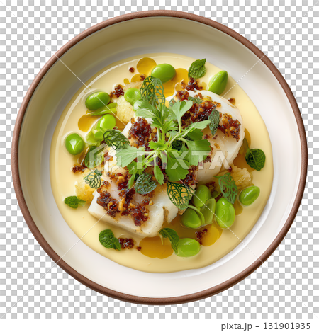 Steamed Brill Fillet with Ponzu Beurre Blanc, Baby Edamame, and Confit Nori Slices in Delicate Presentation Steamed Brill Fillet with Ponzu Beurre Blanc, Baby Edamame, and Confit Nori Slices in Delicate Presentation 131901935