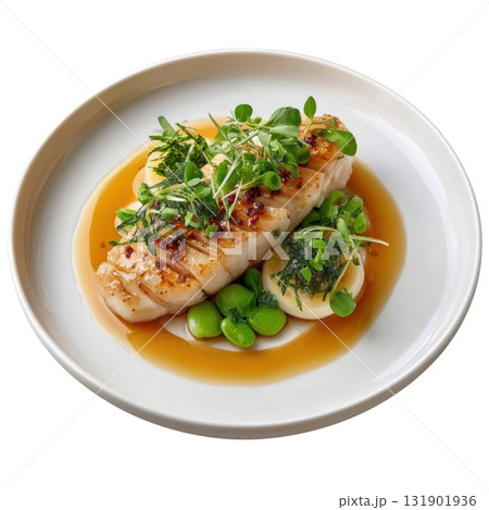 Delicate Steamed Brill Fillet with Ponzu Beurre Blanc and Fresh Baby Edamame on Elegant Plate 131901936